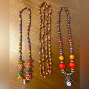 Vintage 3 Boho Chunky Necklaces Art Deco Asymmetrical Wooden Beads Multicolor